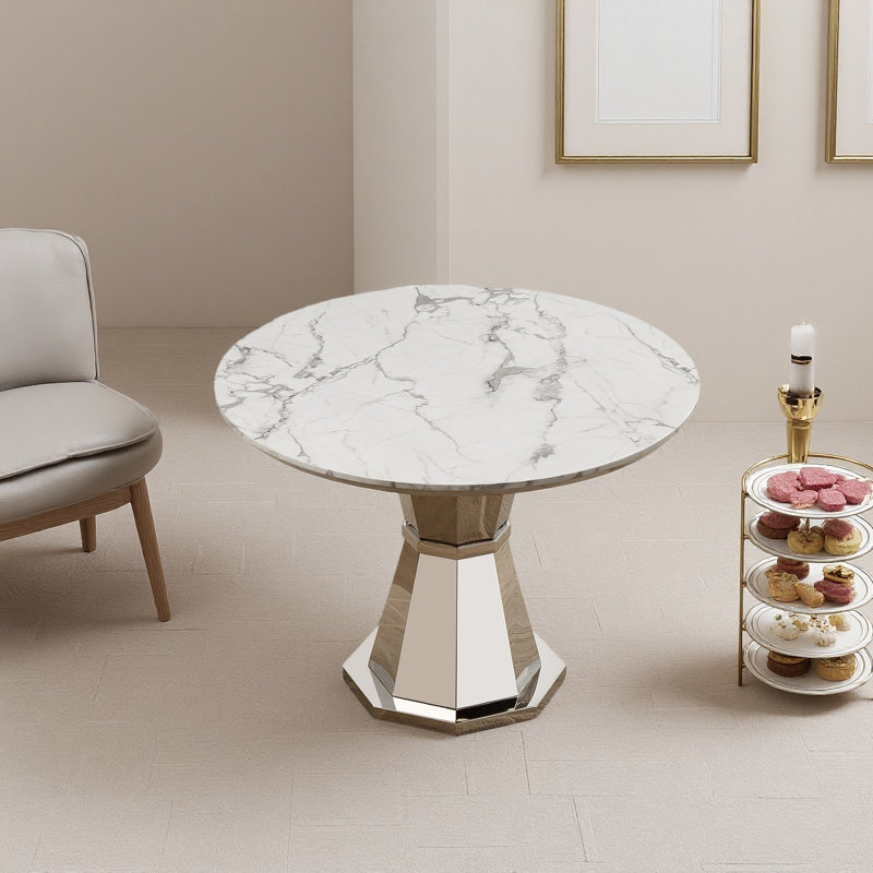 47" Round Dining Table, Silver, White