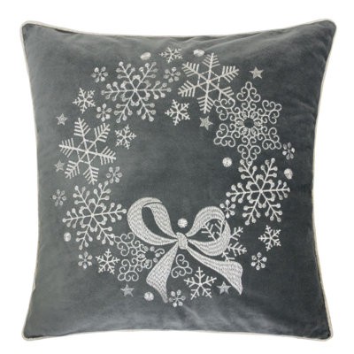 Gray Velvet Holiday Throw Pillow with Snowflake Wreath Embroidery