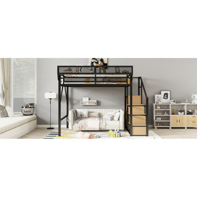 Grand lit mezzanine avec escalier, grand lit mezzanine en métal avec tablettes de rangement, lit mezzanine haut avec garde-robe pour enfants, adolescents et adultes, produits de brevet noir (ancien SKU W2580S00026)