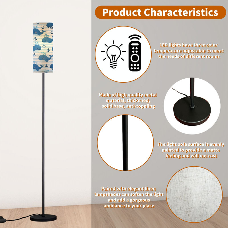  68.5" Standing Floor Lamp Cute Blue Cartoon Whale Nautical Anchors Light Stripes Dimmable Metal Pole Lamp with Linen Lampshade LED Bulb Included