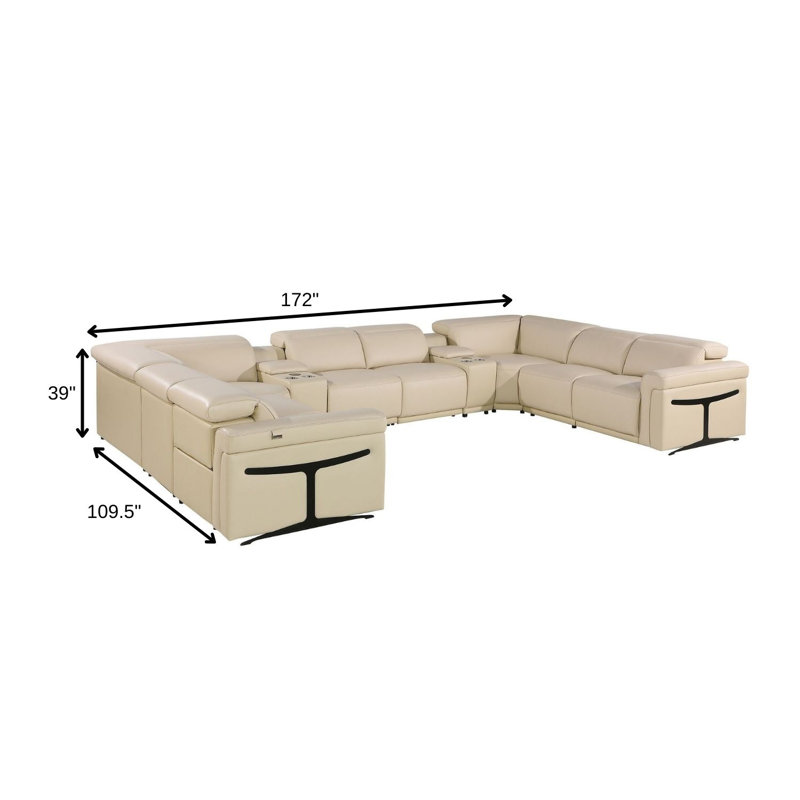 Canapé modulaire en U beige inclinable électrique en cuir beige avec console