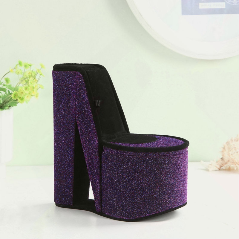 Boîte à bijoux 9 po avec rangement caché, conception de chaussures à talons hauts, velours rouge, Purple