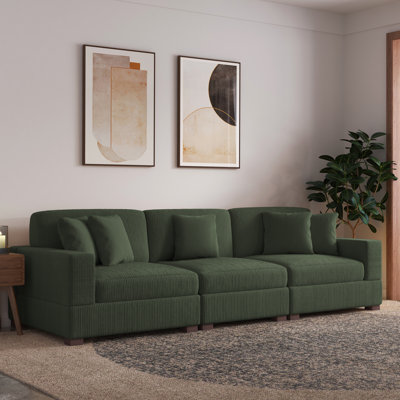Milbrey 3 - Piece Upholstered Green Corduroy Modular Sectional Sofa with Pillow Back and Solid Wood Legs