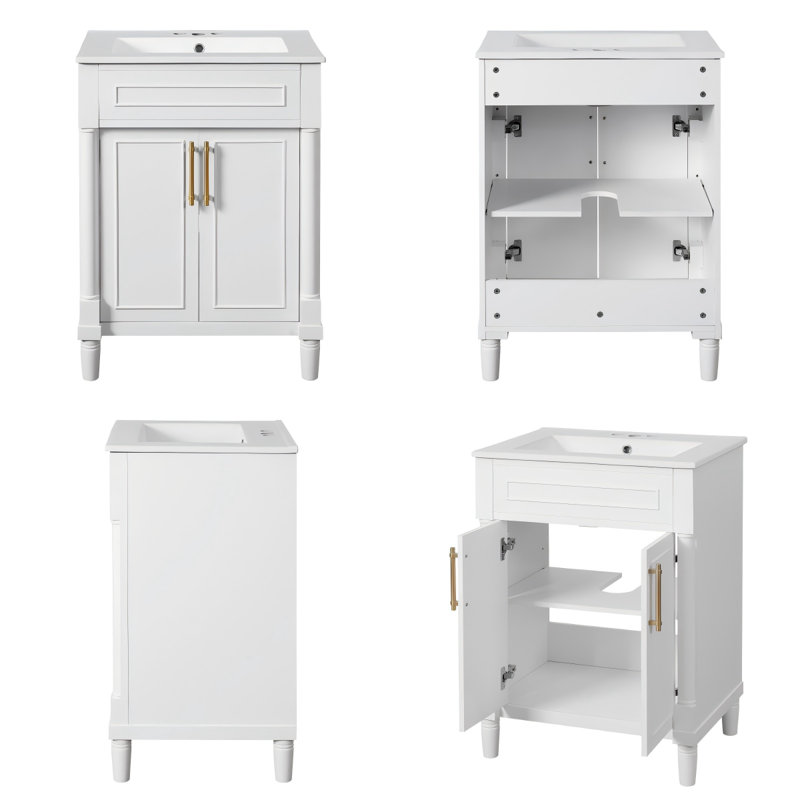 Meuble-lavabo 24 po avec lavabo en céramique, armoire de rangement à 2 portes, tablette réglable pour petits espaces, finition blanche