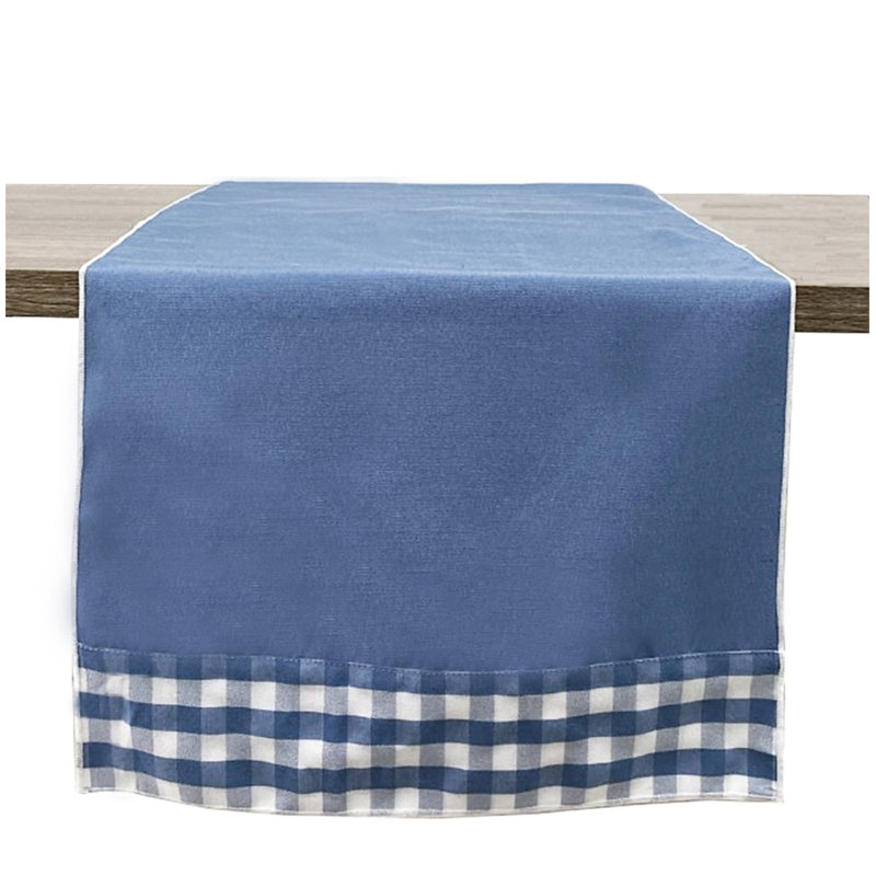 Handmade Reversible Checkered Border Design Table Runner, 36" x 15", Indigo