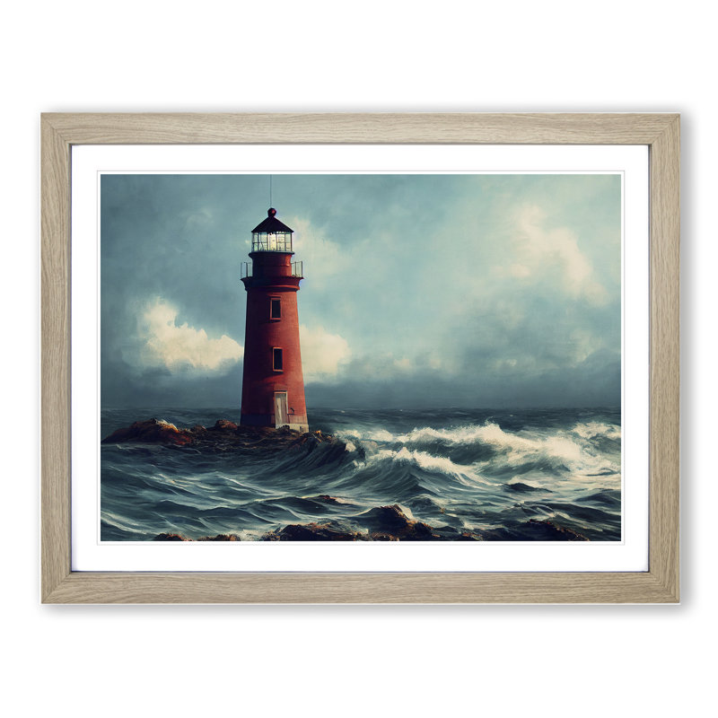 XH1022-8659X Super Lighthouse Seascape - Single Picture Frame Print, 25cm H x 34cm W x 2cm D, Oak