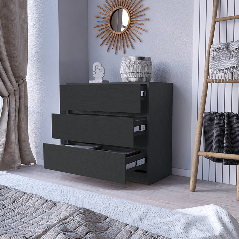 Commode Maldus, trois tiroirs, finition wengé noir, Noir