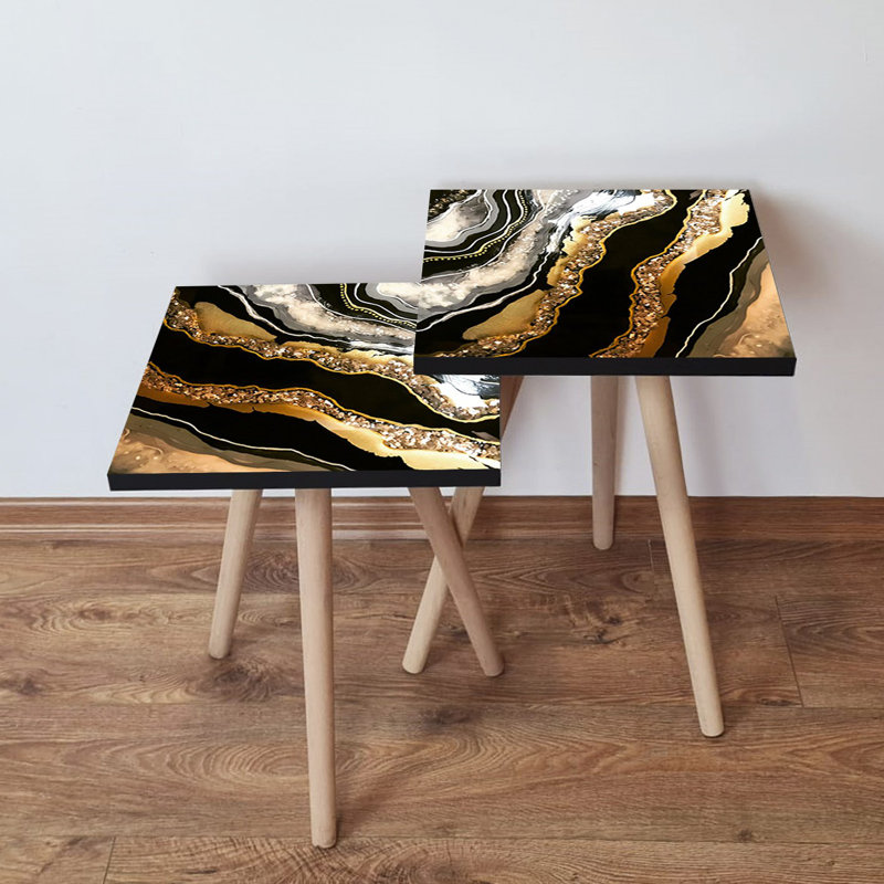 Elegant Nesting Table Set (2 Pieces), Abstract Marble Design, Black & Gold & White, 13.8 x 18.5 x 13.8 in | 100% MDF with Beech Wood Legs, Contemporary Style for Living Room & Home Decor, Space-Saving & Stylish