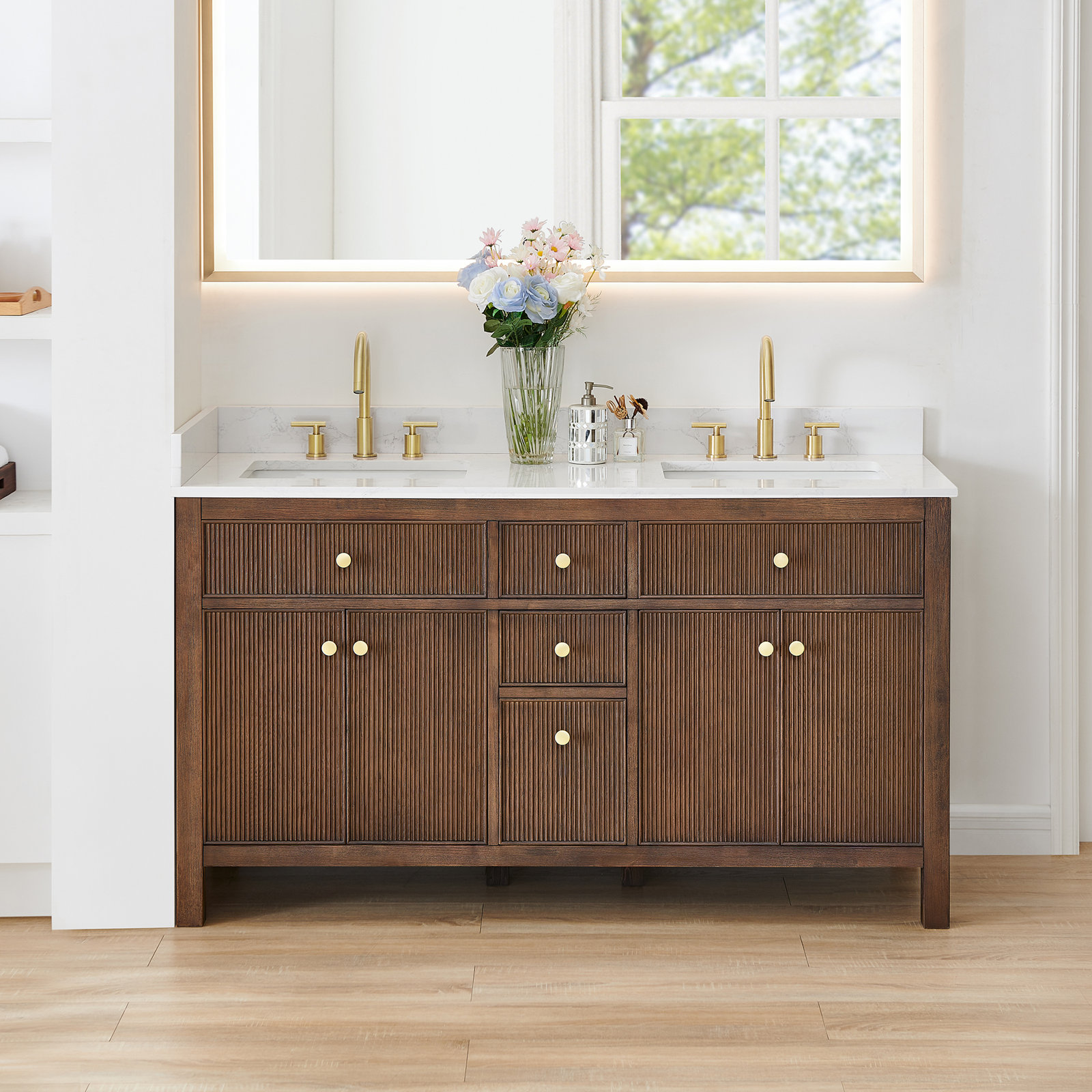 Lala 60" Double Bathroom Vanity, Brown Brushed Oak