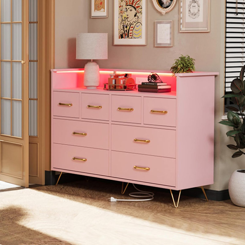 Commode 8 tiroirs avec lumière DEL et station de charge, Doré, Rose