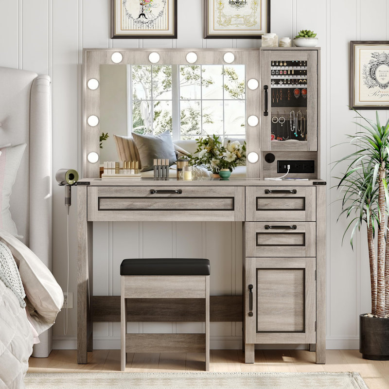 Coiffeuse d'angle avec grand miroir à DEL, Gris