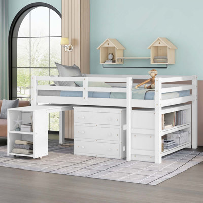 Lit mezzanine double bas avec cabinet, tablettes et bureau portatif à roulettes