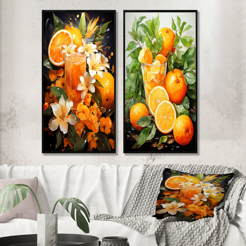 Tangerine cocktail orange vif coucher de soleil I - ensemble de 2 impressions sur toile cocktail, Cadre noir