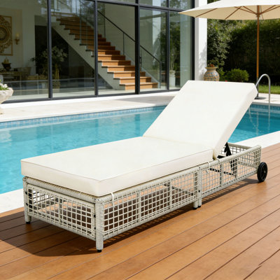 Méridienne d'extérieur, méridienne de patio avec dossier à 5 positions, méridienne d'extérieur en rotin avec coussin et roulettes pour le bord de la piscine