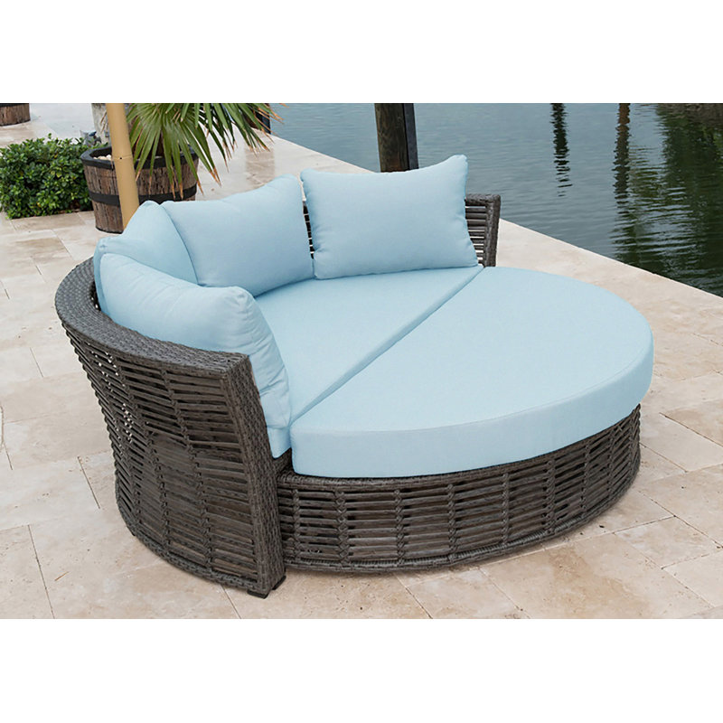 Westerman 73'' Wide Circle Wicker Patio Daybed with Cushions, Canvas Air Blue
