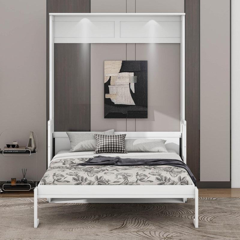 Queen Size Murphy Bed With Desk, Hideaway Wall Bed With LED Lights And USB Charging Station, White
