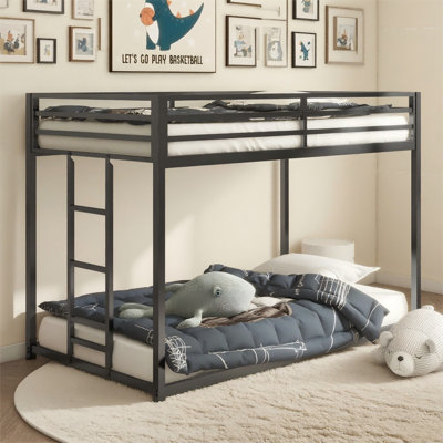 Adam Sturdy Twin Over Twin Bunk Bed Metal Black For Kids And Adult, Low Profile Twin Over Twin Bunk Bed With Ladder And Guardrails