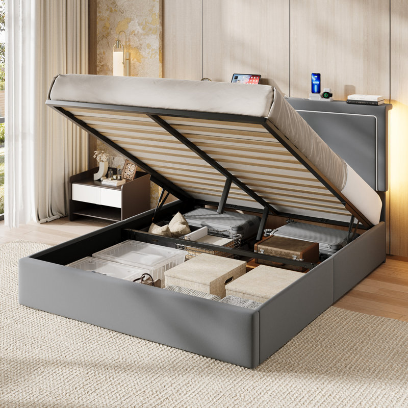 Lit plateforme tapissier moderne en velours avec tête de lit à DEL, station de charge intégrée et rangement sous le lit, Gris