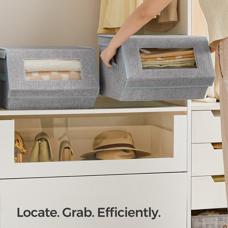 Stackable Storage Bins Set Of 2, Storage Boxes With Lids And Windows, Non-Woven Fabric Closet Organizers With Magnetic Closures, Side Handles