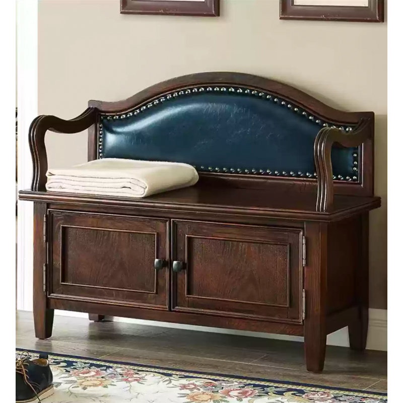 Traditional Solid Wood Shoe Bench with Leather Backrest, Blue