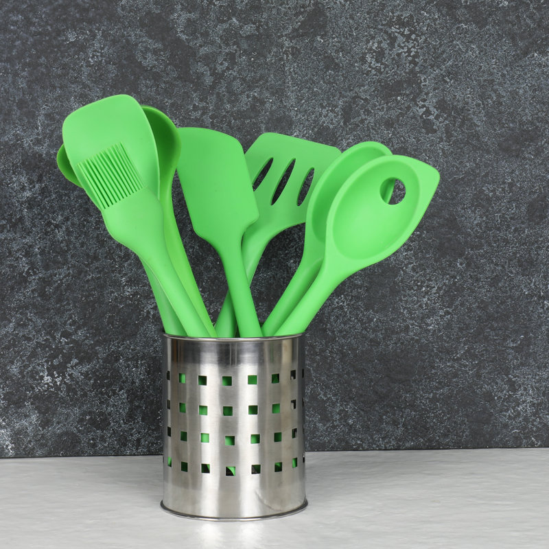 Green 7-Piece Silicone Kitchen Utensil Set with Stainless Steel Core