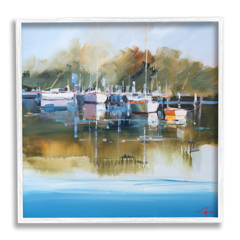 Ba-063 - Peinture encadrée d'une marina, H 17 po x l 17 po x P 1,5 po