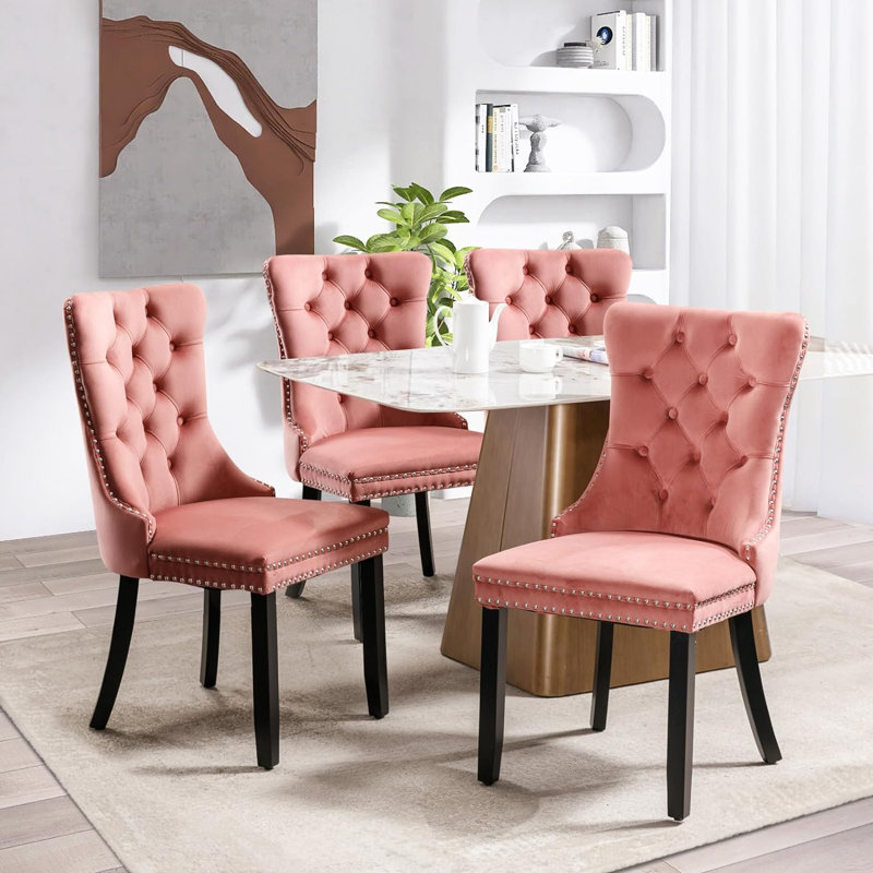 Velvet Dining Chairs, Upholstered High-end Tufted Dining Room Chair with Nailhead Back Ring, Black, Beige
