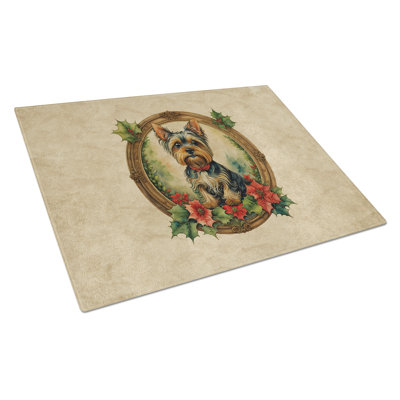 Yorkie Christmas Flowers Glass Cutting Board