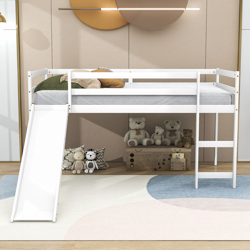 Twin Size Wood Loft Bed with Slide, White