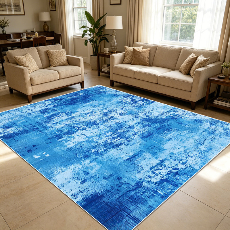 1PC Abstract Distressed Blue and White Textured Farmhouse area rugs for Living Room, Soft and Comfortable, Suitable for all seasons, easy-to-maintain, machine washable Indoor floor mat, Under Table Farmhouse suitable for dining table, bedroom,