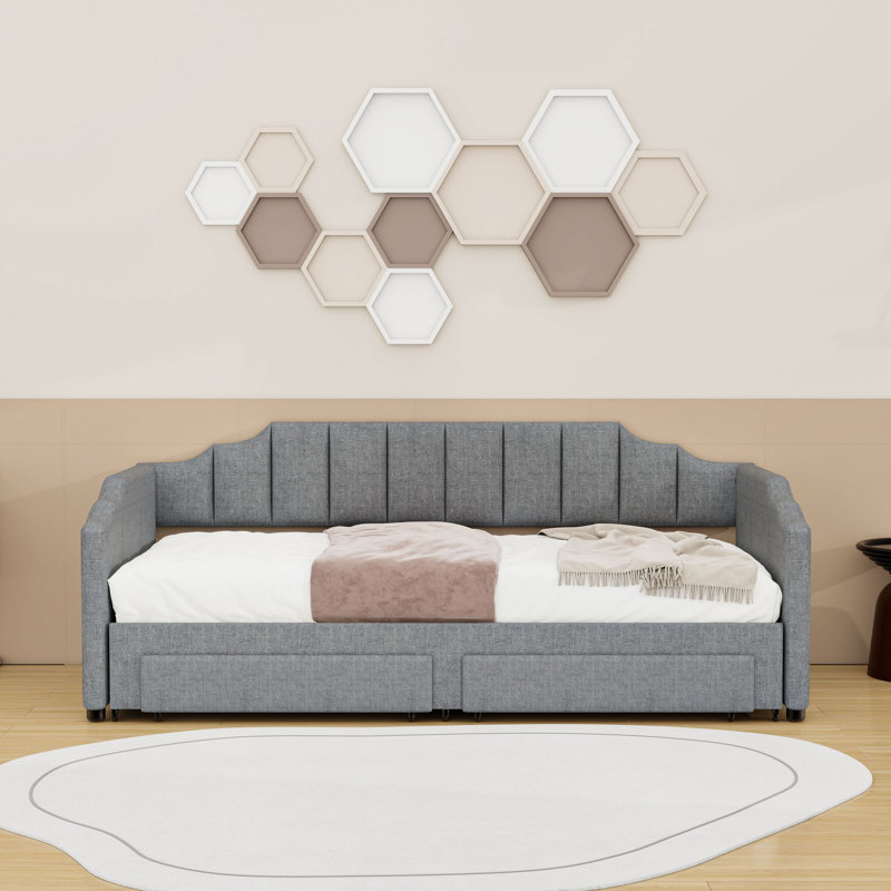 Twin XL Extendable Upholstered Daybed with Trundle, LED Light and Storage Drawers, Gray