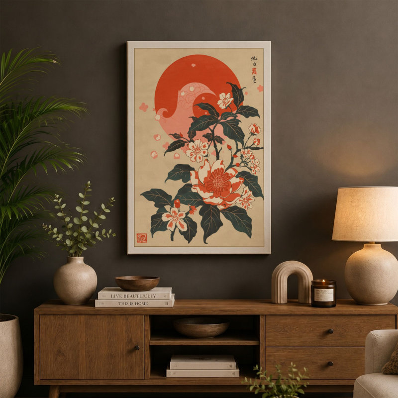 Spider Among Blooms Japandi - Wrapped Canvas, 36x24 - 91.4 x 61.0 cm, Taupe Border