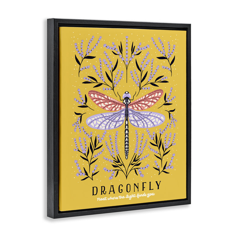 Dragonfly Symmetry on Yellow Floating Frame, design by Indira Prieto | IndySign, 31" H x 25" W, Jet Black Floater Framed