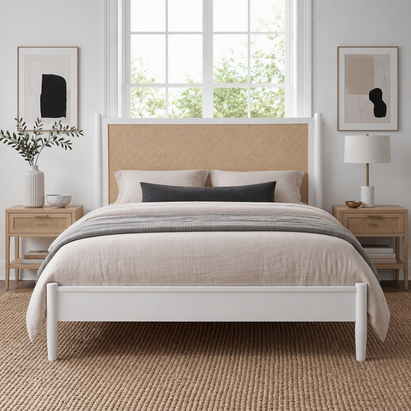 Structure de lit plateforme avec tête de lit en rotin, conception en osier de style bord de mer bohème, aucun sommier requis, support de lattes en bois