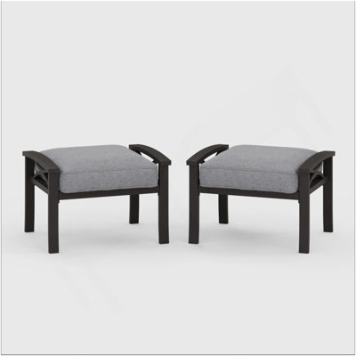 Set Of 2 All-Weather 26” Width Metal Ottomans, Khaki Frame With Gray Cushions