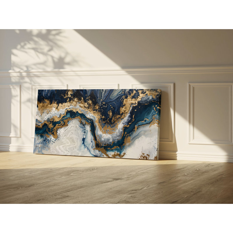 Abstract Geode Wall Art Print or Canvas Gold And Blue Marble Shape, Wrapped Canvas, 30'' H x 60'' W x 1.5'' D