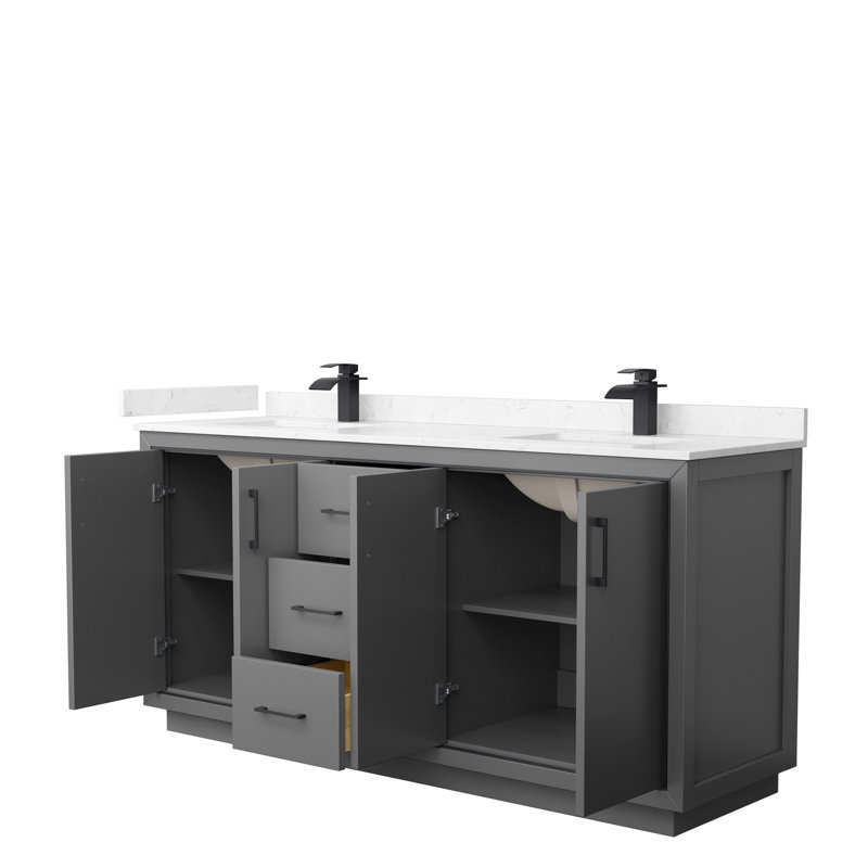 Icon 72" Double Bathroom Vanity Set, Dark Gray, Matte Black, Carrara