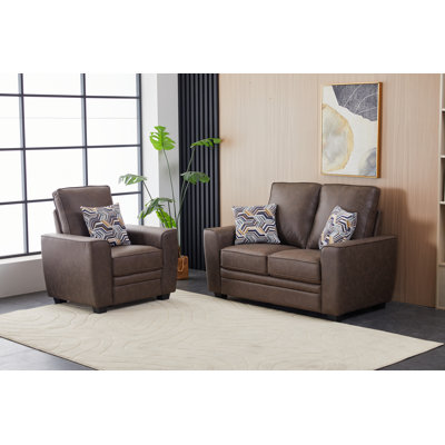 Ensemble deux pièces contemporain en similicuir, causeuse rembourrée et fauteuil de salon