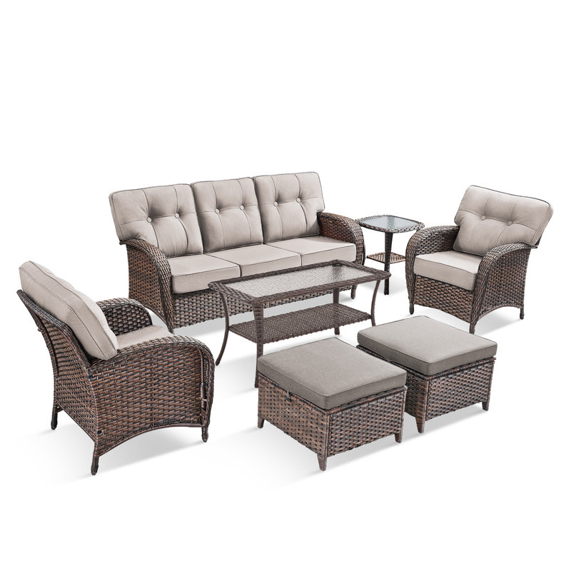 Fiorillo 7-Piece Outdoor Wicker Patio Conversation Set With Cushions/2 Lounge Chairs And Coffee Table, Beige