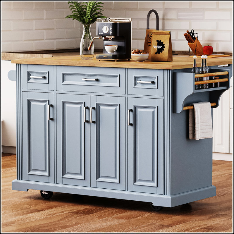 Grand îlot de cuisine de 54 pouces avec abattant en bois d'hévéa, chariot roulant sur 4 roues, 4 portes, 3 tiroirs et beaucoup de rangement pour la cuisine et la salle à manger