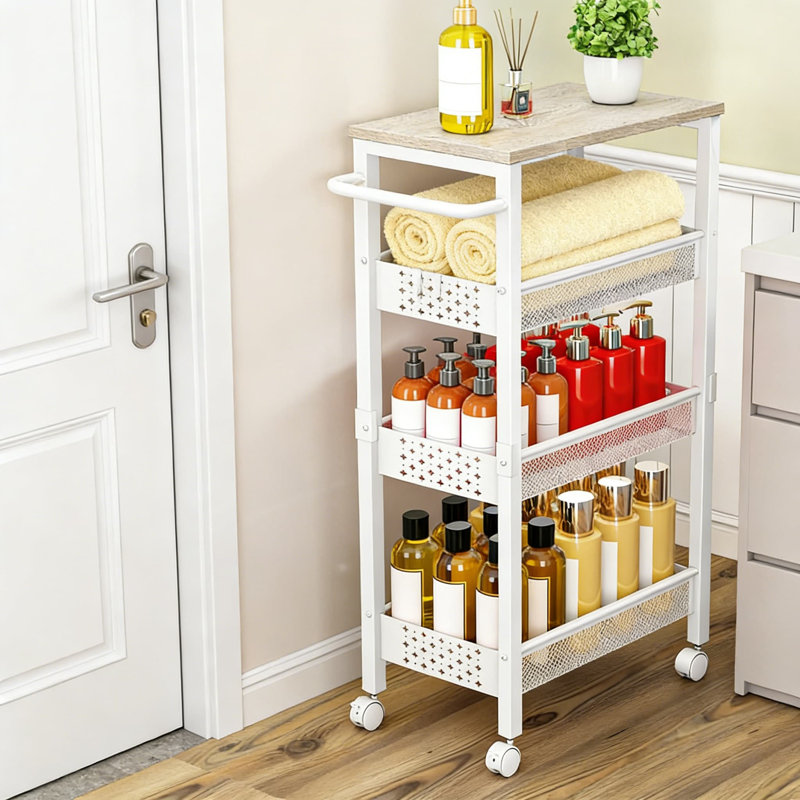 Chariot de rangement mince et roulant avec 4 tablettes à niveaux, organisateur étroit avec plateau en bois et roulettes pour la cuisine, la salle de bain, la salle de lavage et les petits espaces