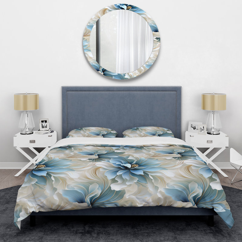 Ethereal Blue and White Damask Dreams - Ensemble de housse de couette à motif floral - Microfibre de polyester