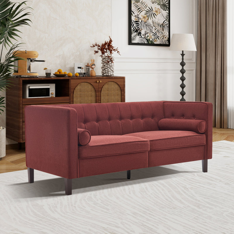  78'' W Mid Century Tufted Square Arm Sofa, Burgundy Chenille