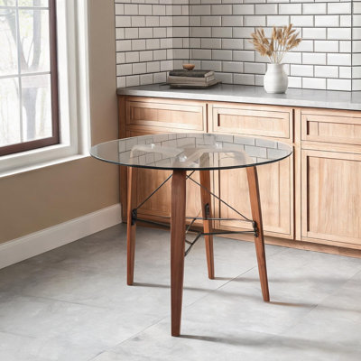 Table de salle à manger ronde pour quatre avec plateau en verre trempé et trépied brun chaud en bois cintré, 34,5 pouces, cuisine moderne ou coin-repas