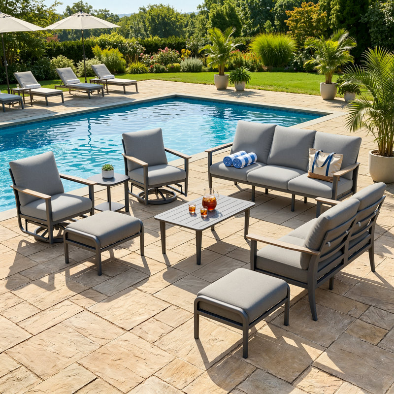 Ensemble de conversation pour patio extérieur 9 personnes avec 2 chaises berçantes pivotantes, 2 poufs, une table basse et une table d'appoint