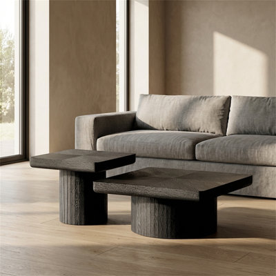 2-piece Wooden Nesting Coffee Table Set With Cylindrical And Grooved Bases, For The Living Room