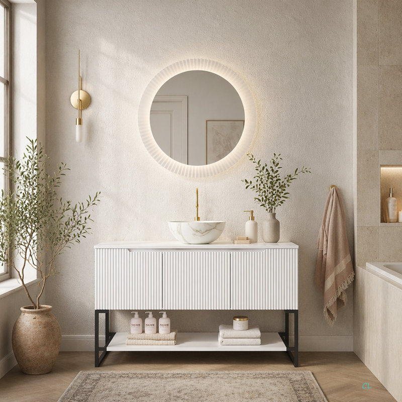 Ensemble de meuble-lavabo et de meuble-lavabo autoportant de 48 po avec 3 portes et une tablette ouverte, vasque en céramique mat avec motif en pierre et plateau en pierre frittée Carrara