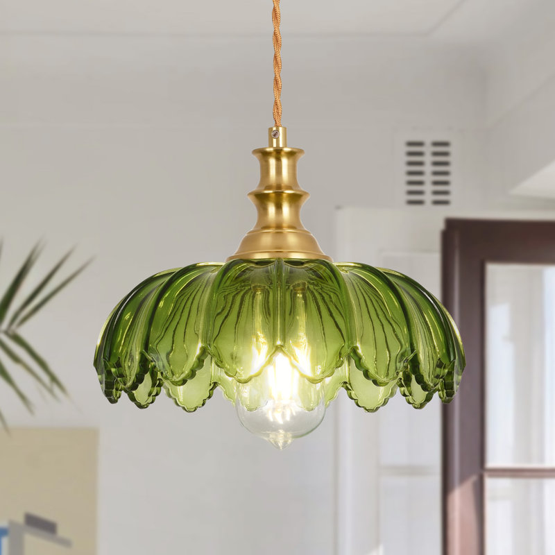 Luminaire suspendu en forme de dôme doré à 1 lumière de 10,23 po Junathean avec abat-jour en verre pétale avec cordon, Ambre
