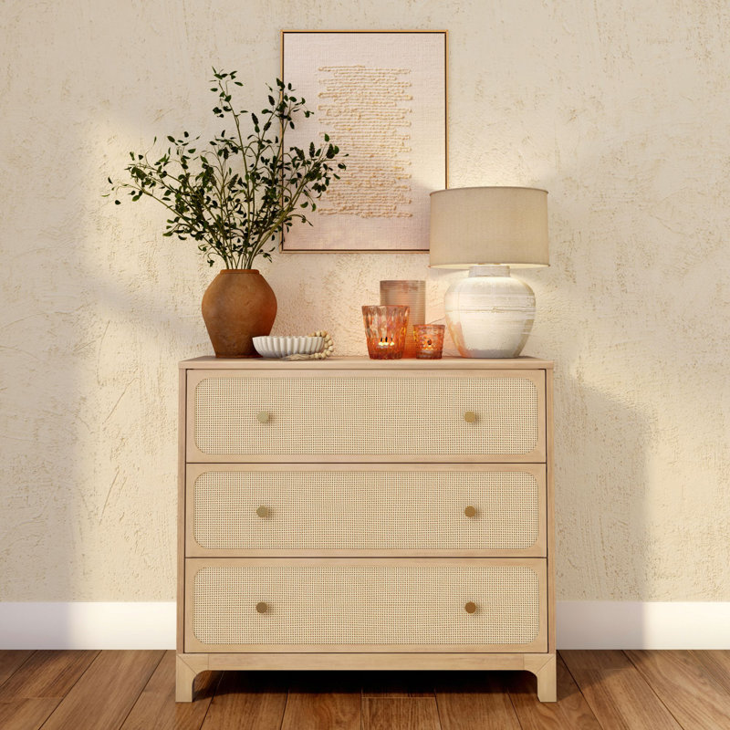 Elio Rattan 3-Drawer Solid Wood Dresser with Brass Knobs