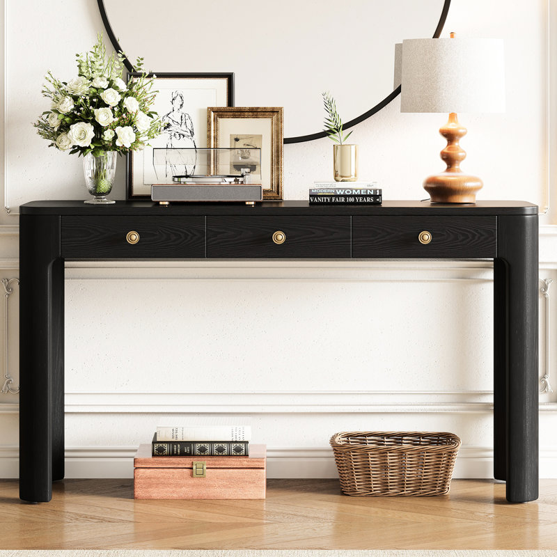 Console avec 3 tiroirs de différentes capacités, coins arrondis, finition noire, pour les styles de décoration de salon et de couloir, tiroirs arrondis rustiques, ton, idéal